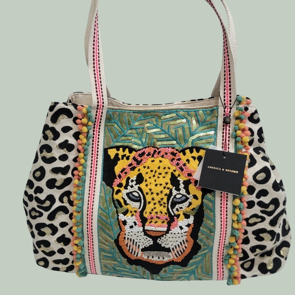 NEW America & Beyond Tote Large Bag Beaded Embellished Leopard Safari Pom Pom